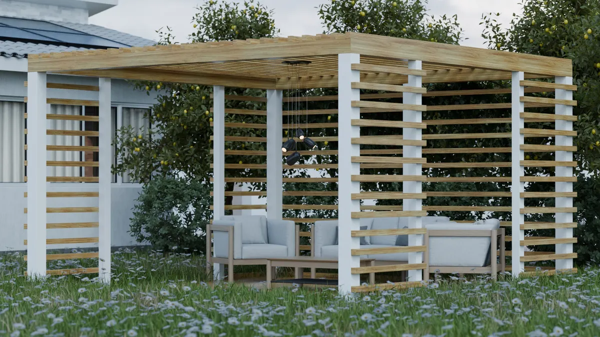 Pergola Lighting and Privacy Ideas for Outdoor Living Spaces Pergola Lighting and Privacy Ideas for Outdoor Living Spaces — Modern Outdoor Pergola in Lush Garden Setting