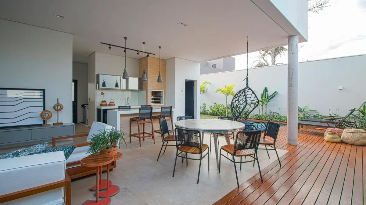 Modern patio with shaded outdoor seating area